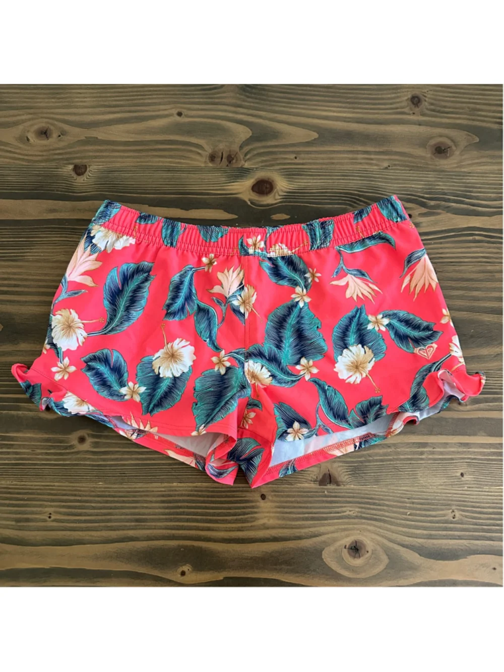 Girls Roxy Floral Shorts Size XL 14 Red Green Tropical Print Ruffle Hem